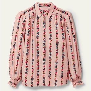 Boden Milkshake Flora Bloom Pink Smocking Detail Button-Up Blouse
